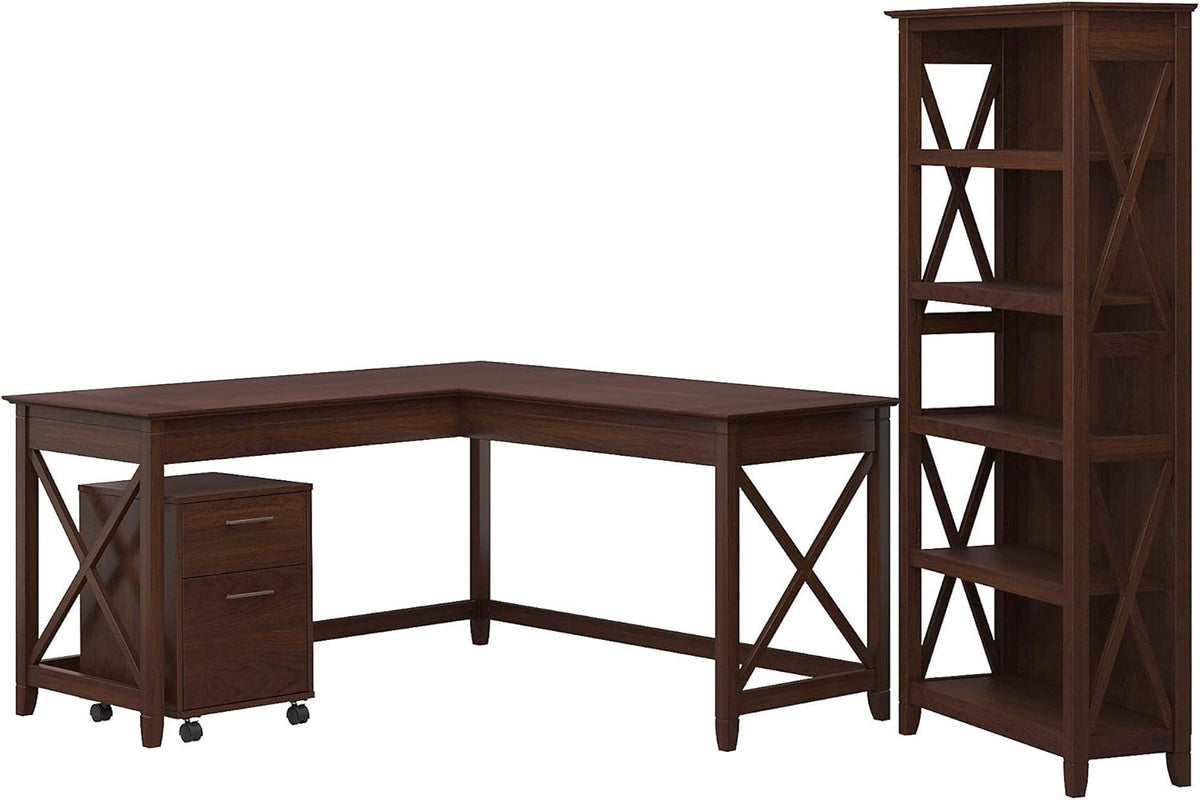 L Shaped Desk with 2 Drawer File Cabinet and 5 Shelf Bookcase H174
