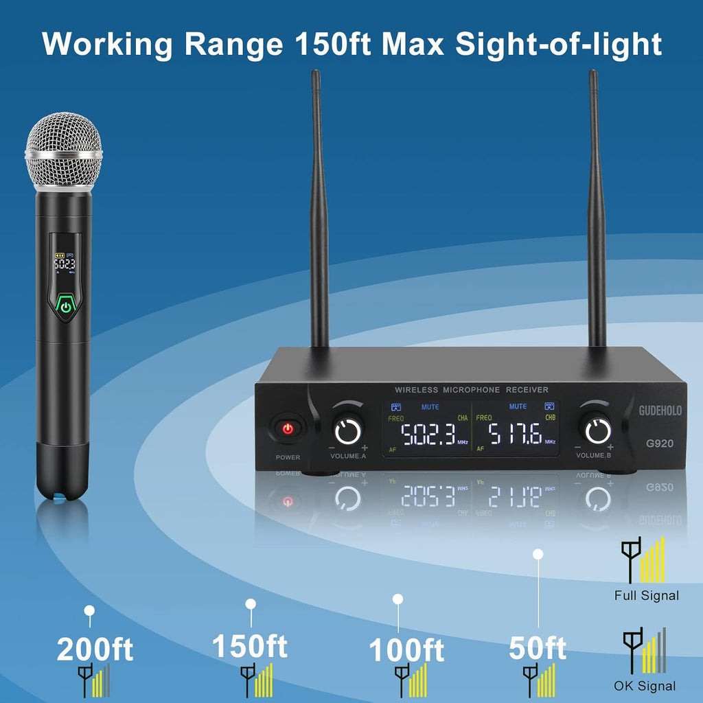 Wireless Microphone System, Metal UHF Dual Handheld 20 Channels Cordless Mic System M746