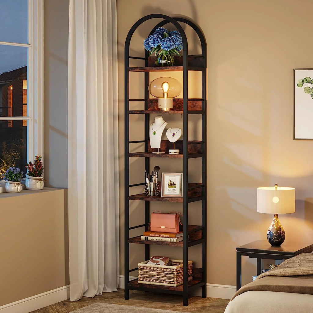 6-Tier Open Bookshelf, 78.7" Tall Arched Bookcase with Metal Frame, Rustic Brown K2691