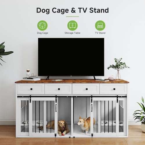 White Steel Frame Wooden Dog Crate Furniture with Double Doors G4805