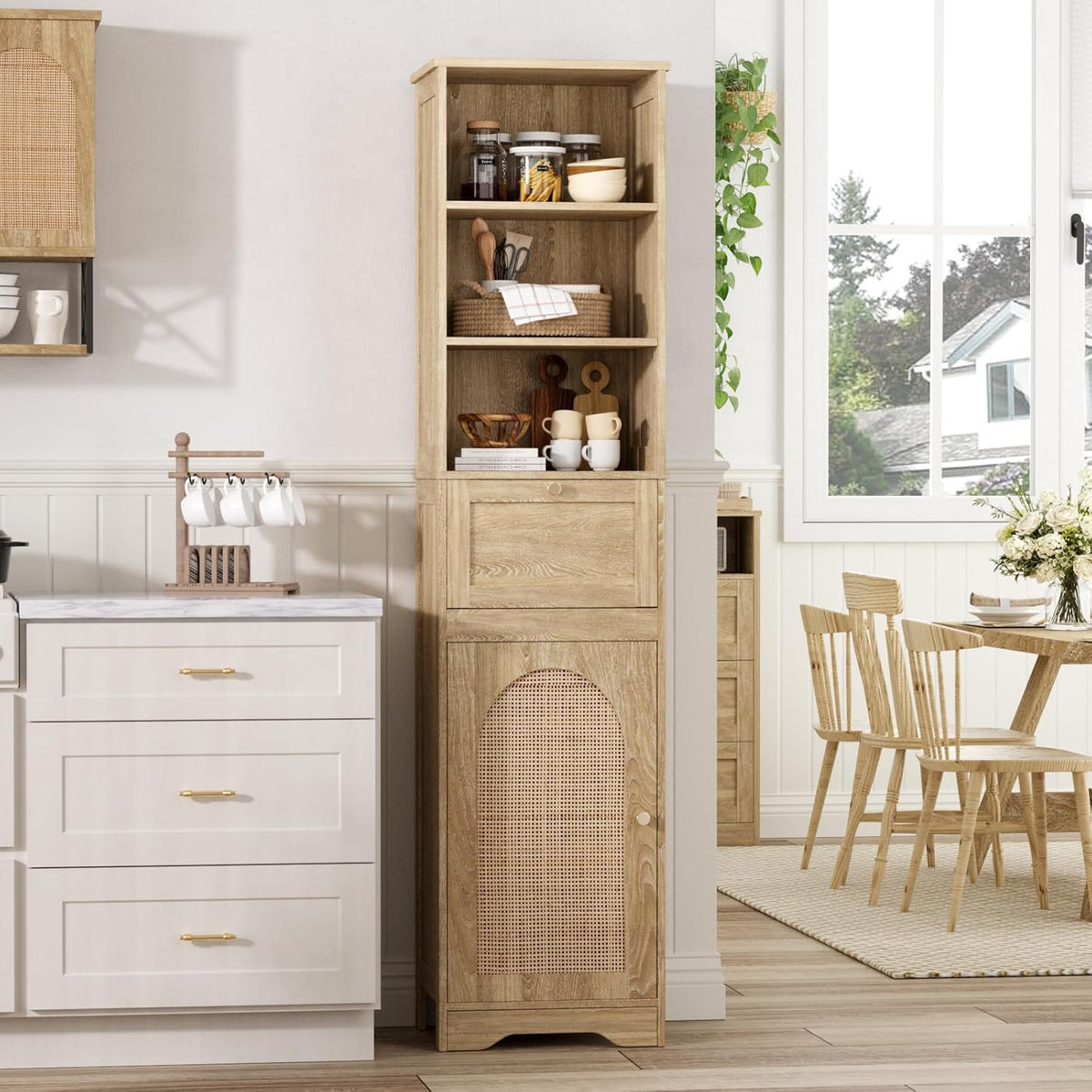 Natural Linen Tall Narrow Bathroom Storage Cabinet with Rattan Doors and Drawer W72272
