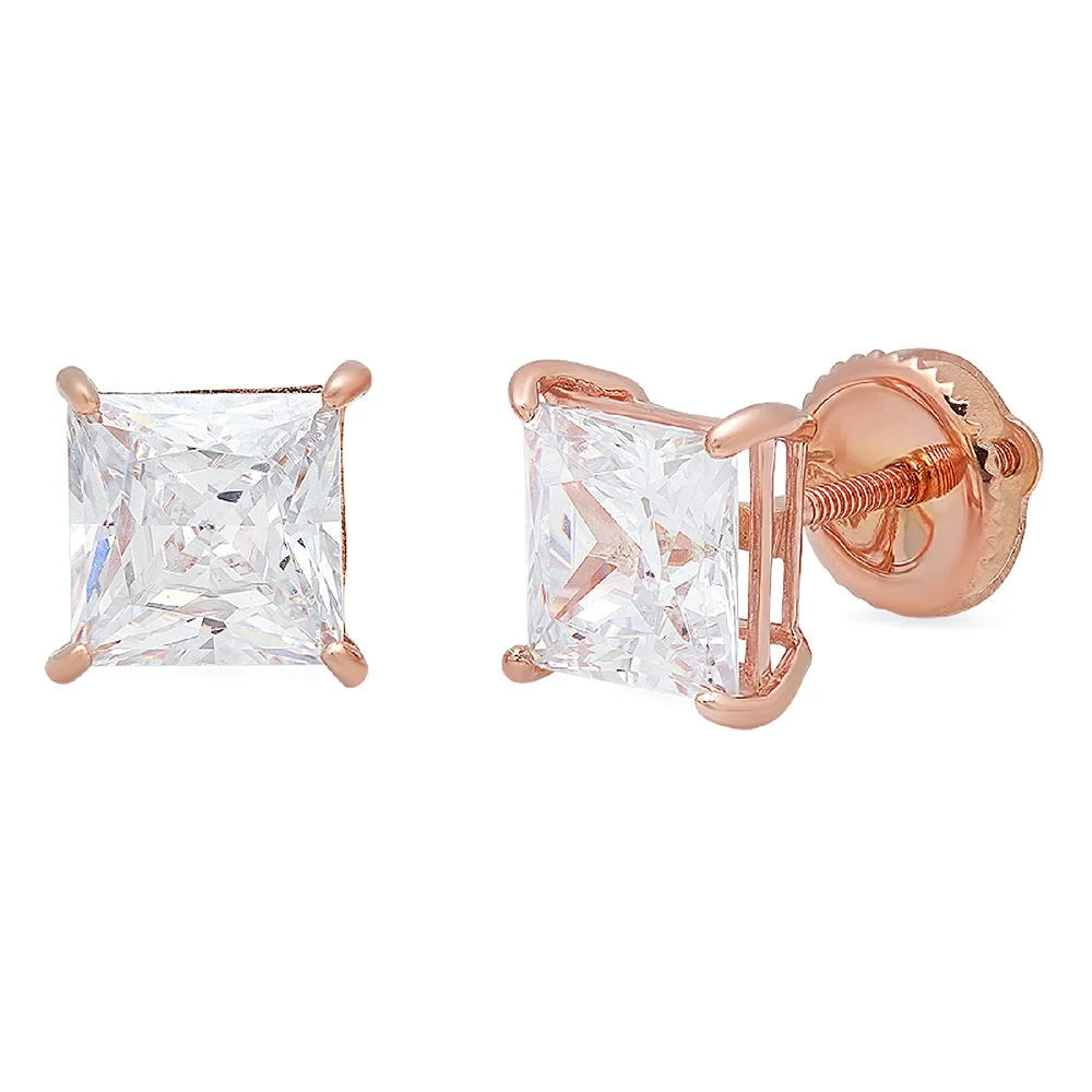 4 ct Princess Cut Solitaire Studs VVS1 Blue Simulated Diamond Solid 18K Pink Rose Gold Earrings Screw back L15356