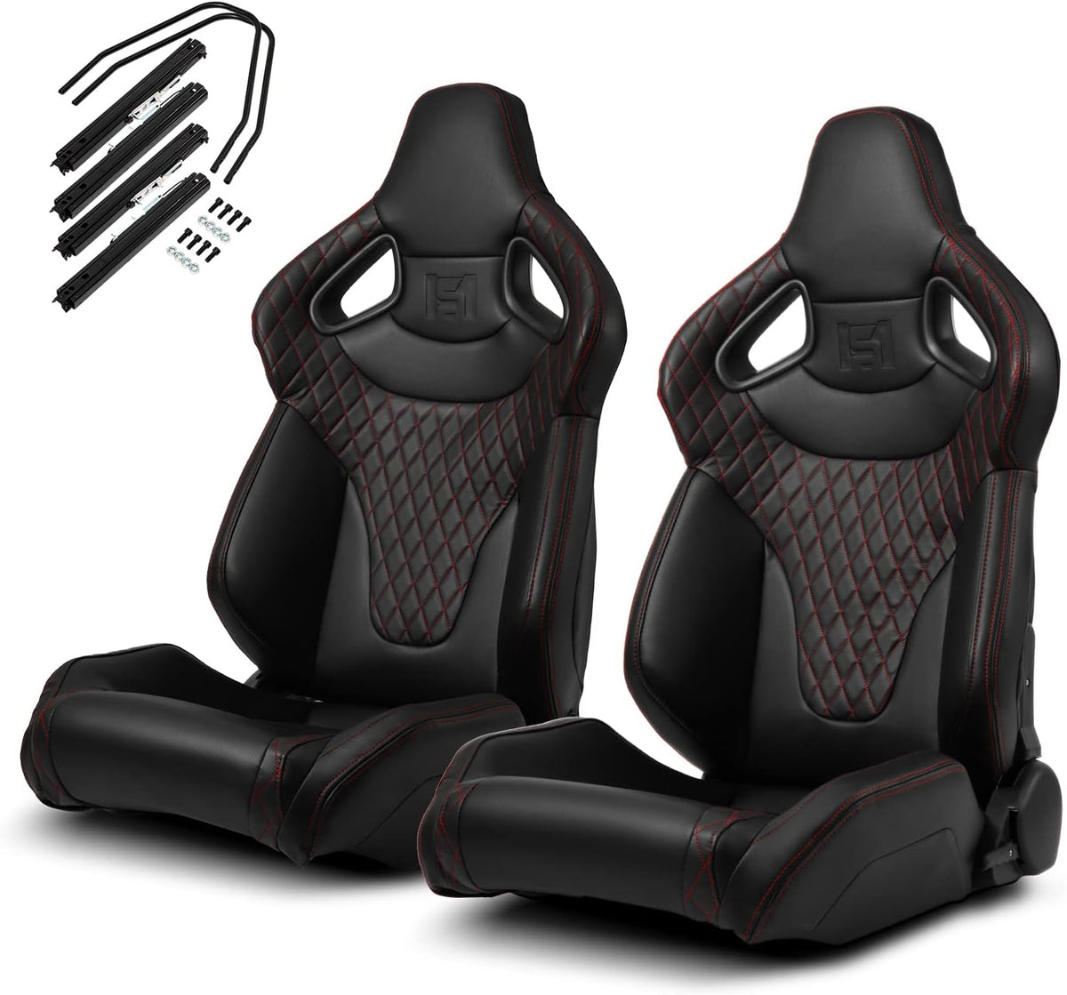 1 Pair Universal Black Carbon Fiber Leather PVC Racing Seats with Slider Y537987