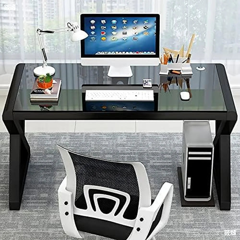 Glass Top X-Frame Metal Computer Desk 55.1 inches L8837