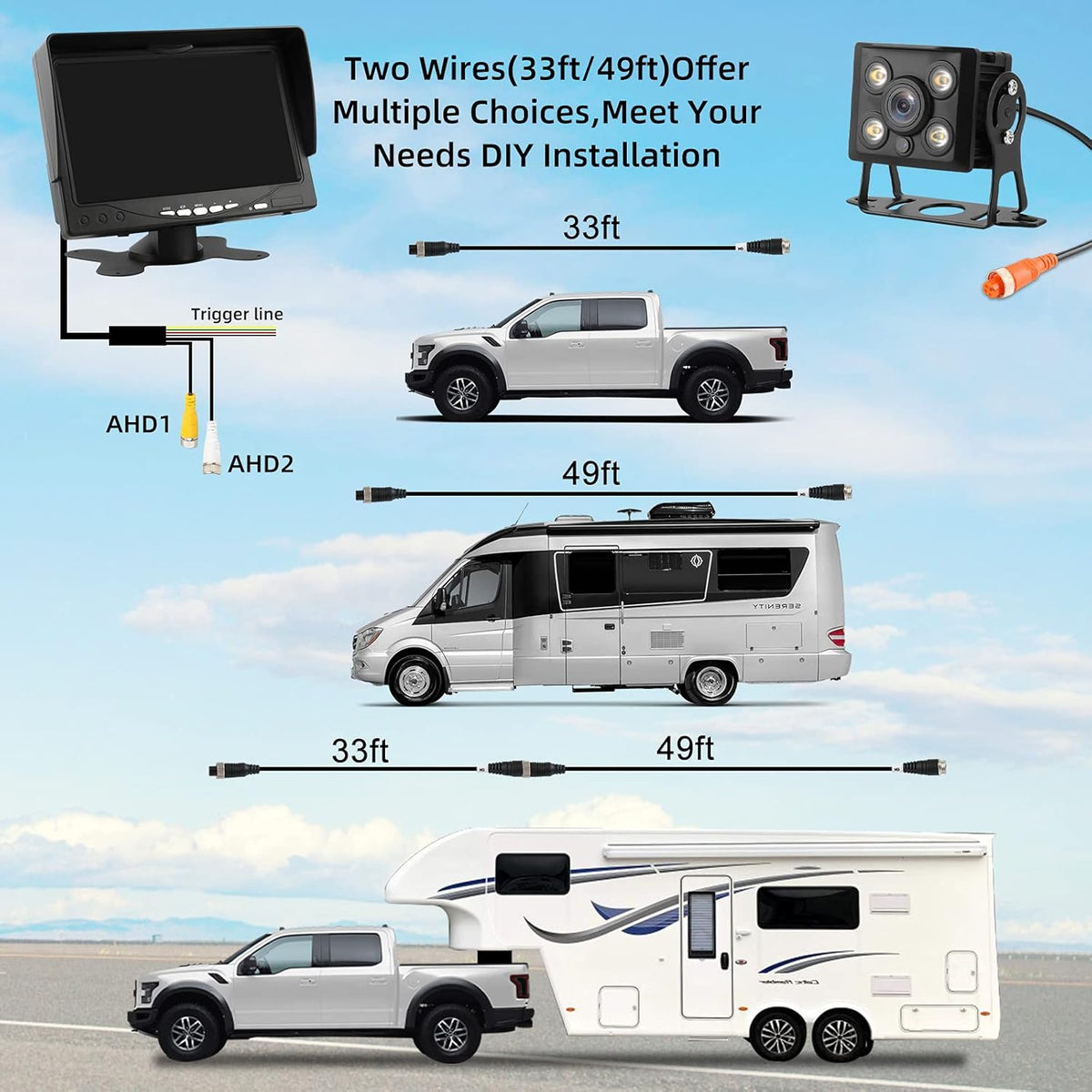 1080P RV Backup Camera Kit 7'' LCD Rear View Monitor IP68 Waterproof Night Vision N600678