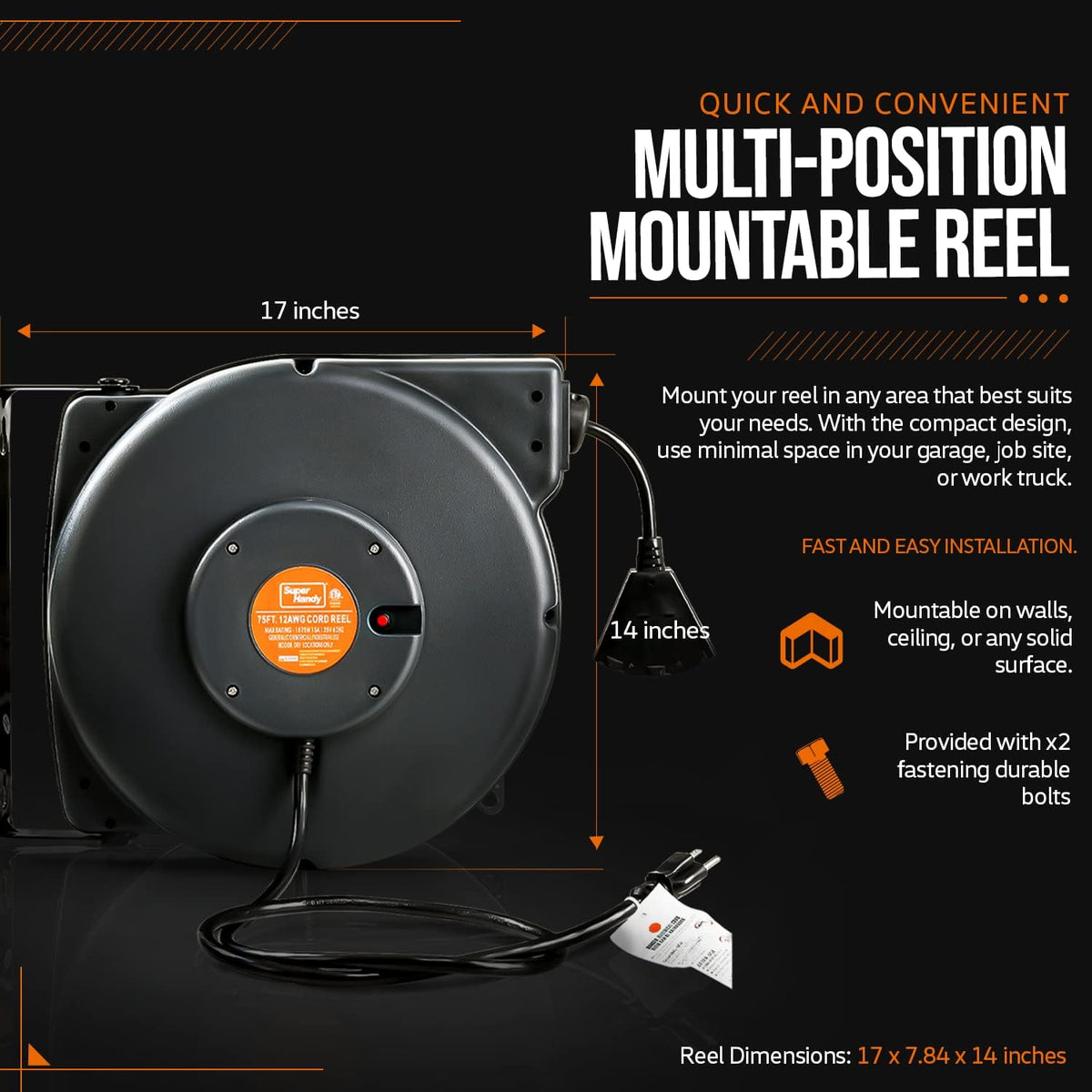 Extension Cord Reel Retractable 12AWG x 75' Feet Cable with Triple Tap Connector C83301