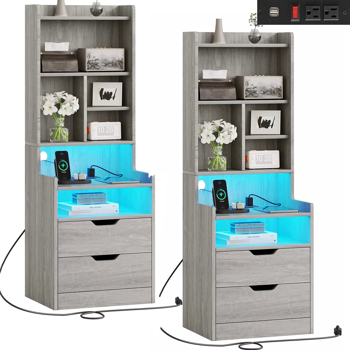 Set of 2 Gray Nightstand with Charging Station and 2 Drawers D861055