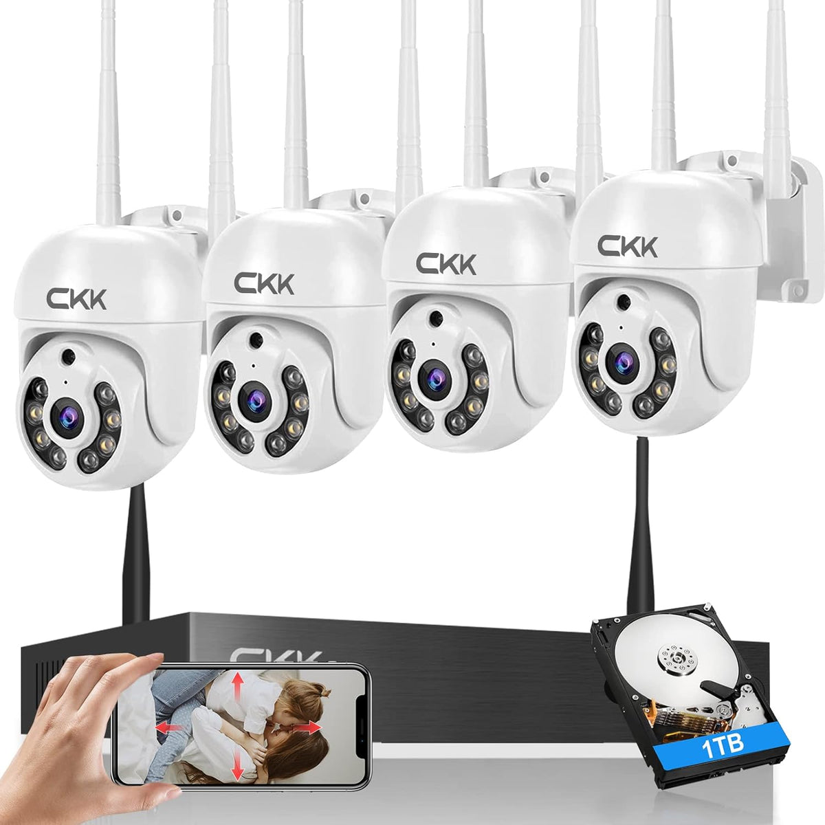 3MP Wireless Security Camera System, 4pcs PTZ Cameras, 8 Channel NVR with Floodlights & Siren Alarm M73680
