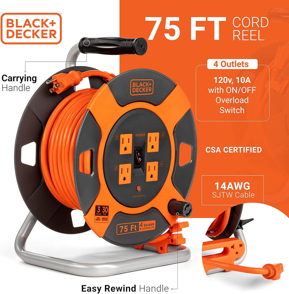 75 ft 14AWG SJTW Retractable Extension Cord with 4 Outlets V515972
