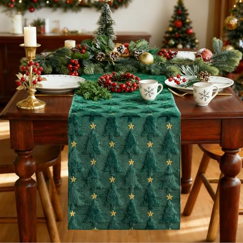Christmas Table Runner Green Soft Plush Faux Fur Jacquard 13x72 Inch O297291