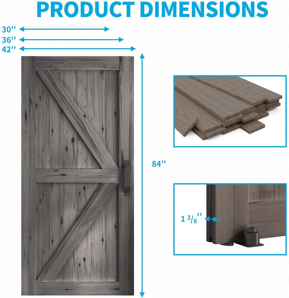30In x 84In Sliding Barn Door with 5FT Barn Door Hardware Kit, Brown R8204
