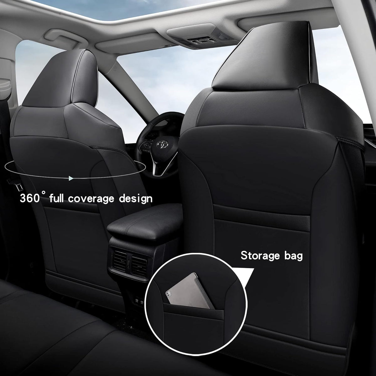 Pu Leather Car Seat Covers Full Set for Toyota RAV4 Hybrid 2019 2020 2021 2022 (Black) M8731