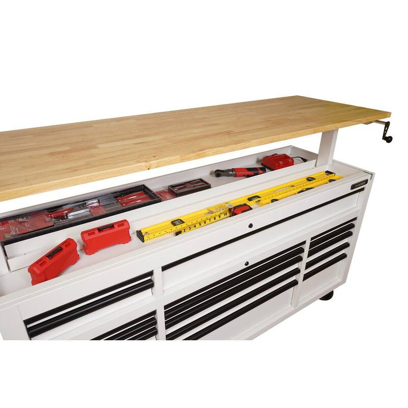 72 in. W Heavy Duty Matte White Mobile Workbench Cabinet with Wood Top N2786