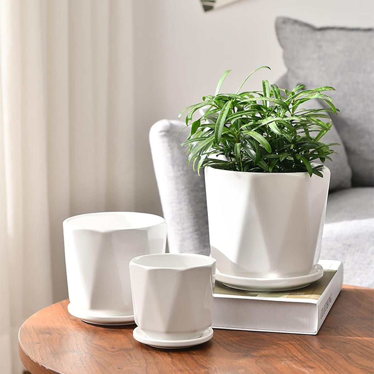 Set of 3 White Ceramic Plant Pots with Saucer Y481