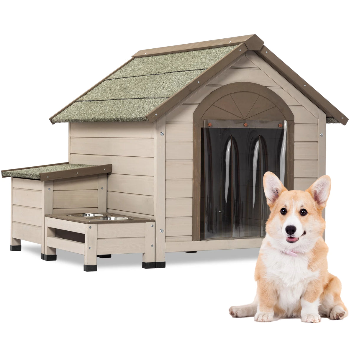 Outdoor Wood Dog House with Feeding Station and Storage Box W641538