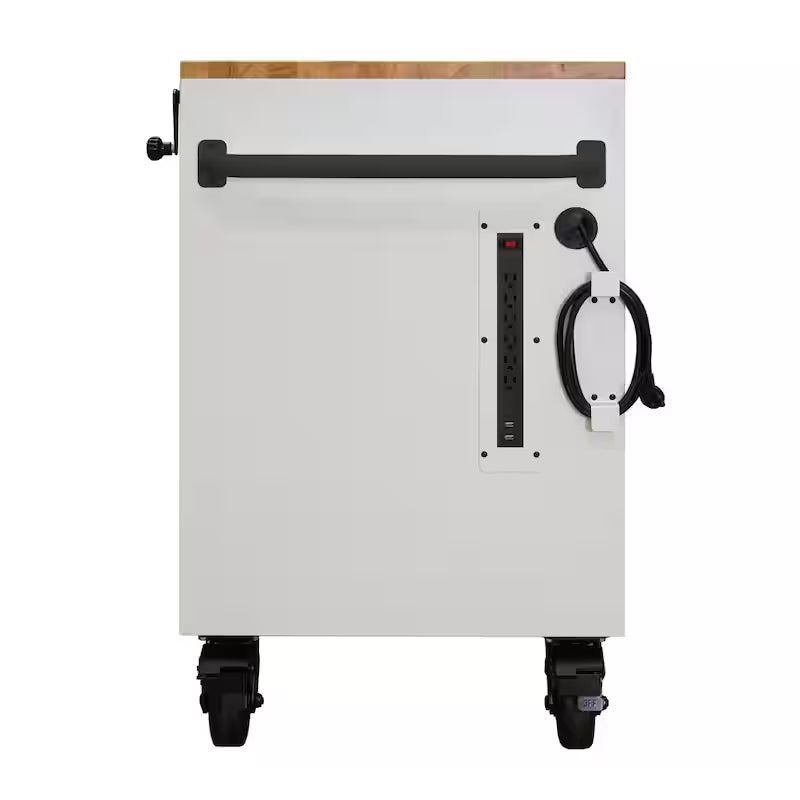 72 in. W Heavy Duty Matte White Mobile Workbench Cabinet with Wood Top N2786