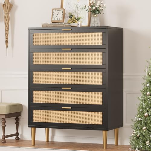 Oak 5 Drawer Rattan Wood Dresser U77548