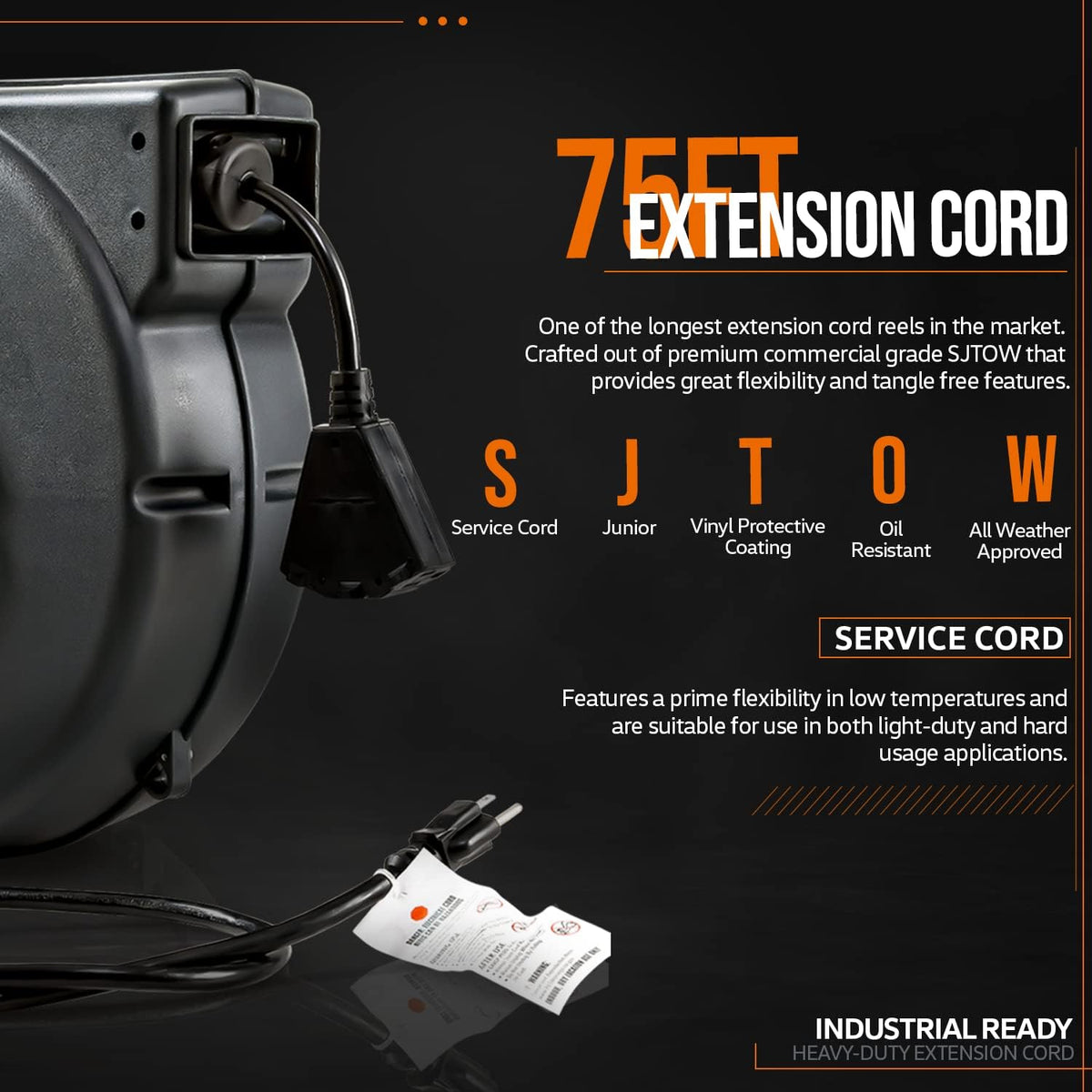 Extension Cord Reel Retractable 12AWG x 75' Feet Cable with Triple Tap Connector C83301