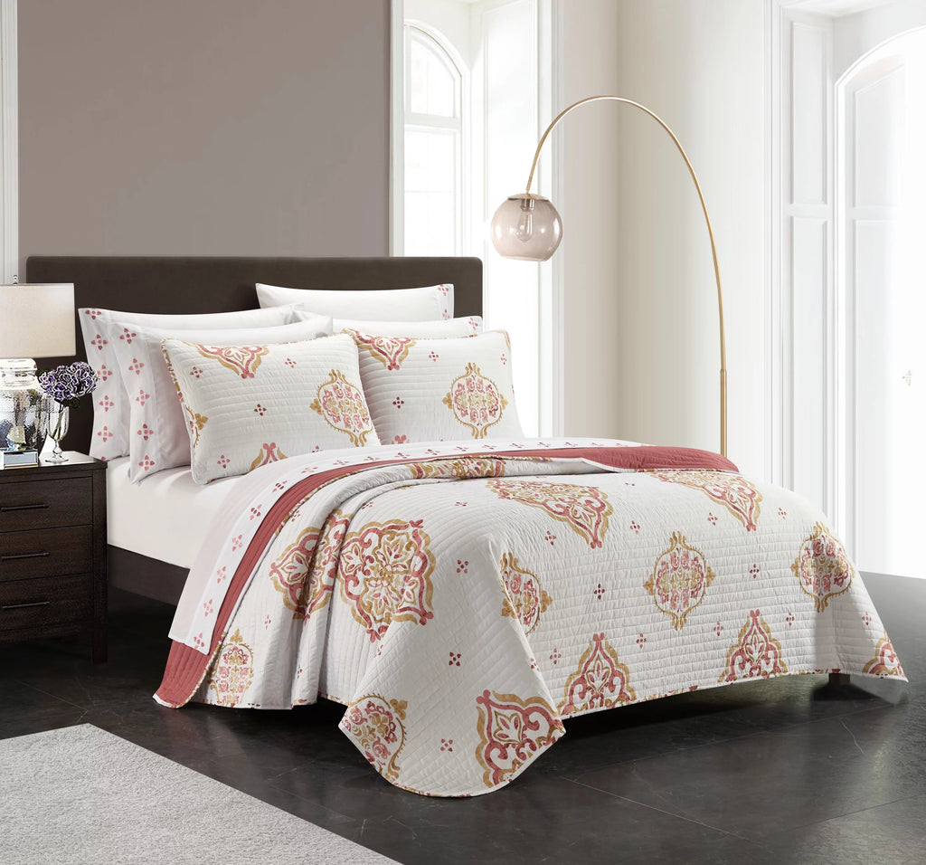 9-Piece Medallion Quilt Set King Coral Gold White M166386