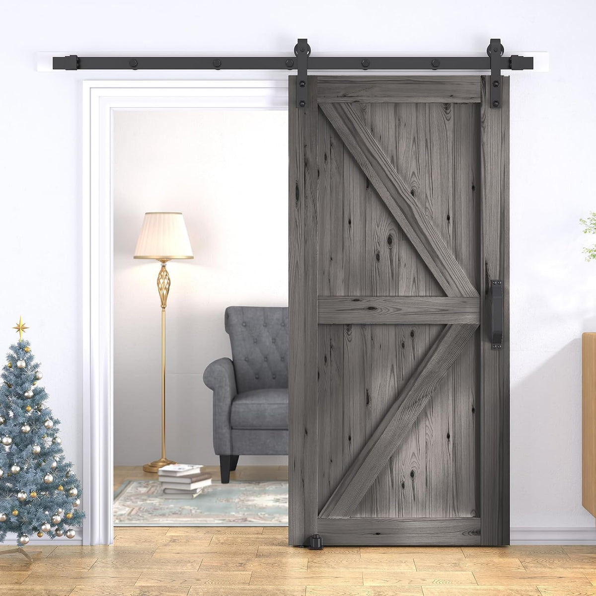 30In x 84In Sliding Barn Door with 5FT Barn Door Hardware Kit, Brown R8204