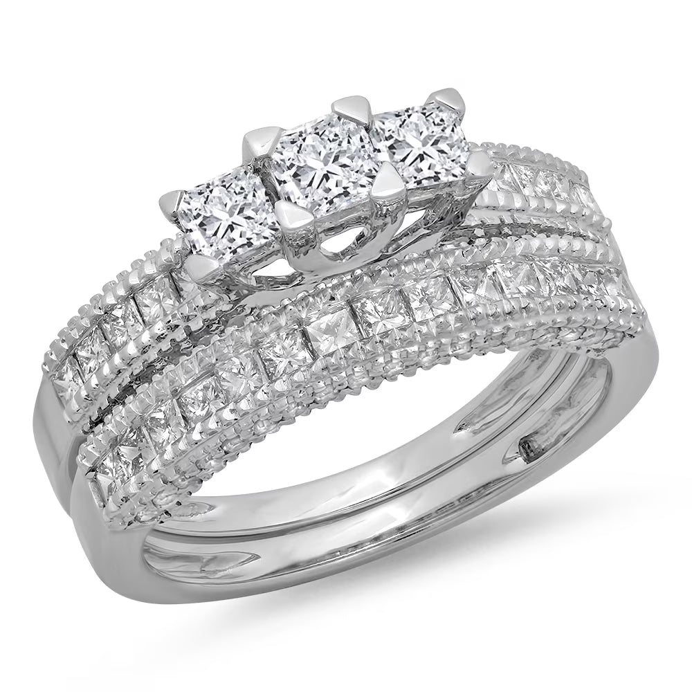 10K White Gold Diamond Bridal 3 Stone Engagement Ring With Matching Band N211408