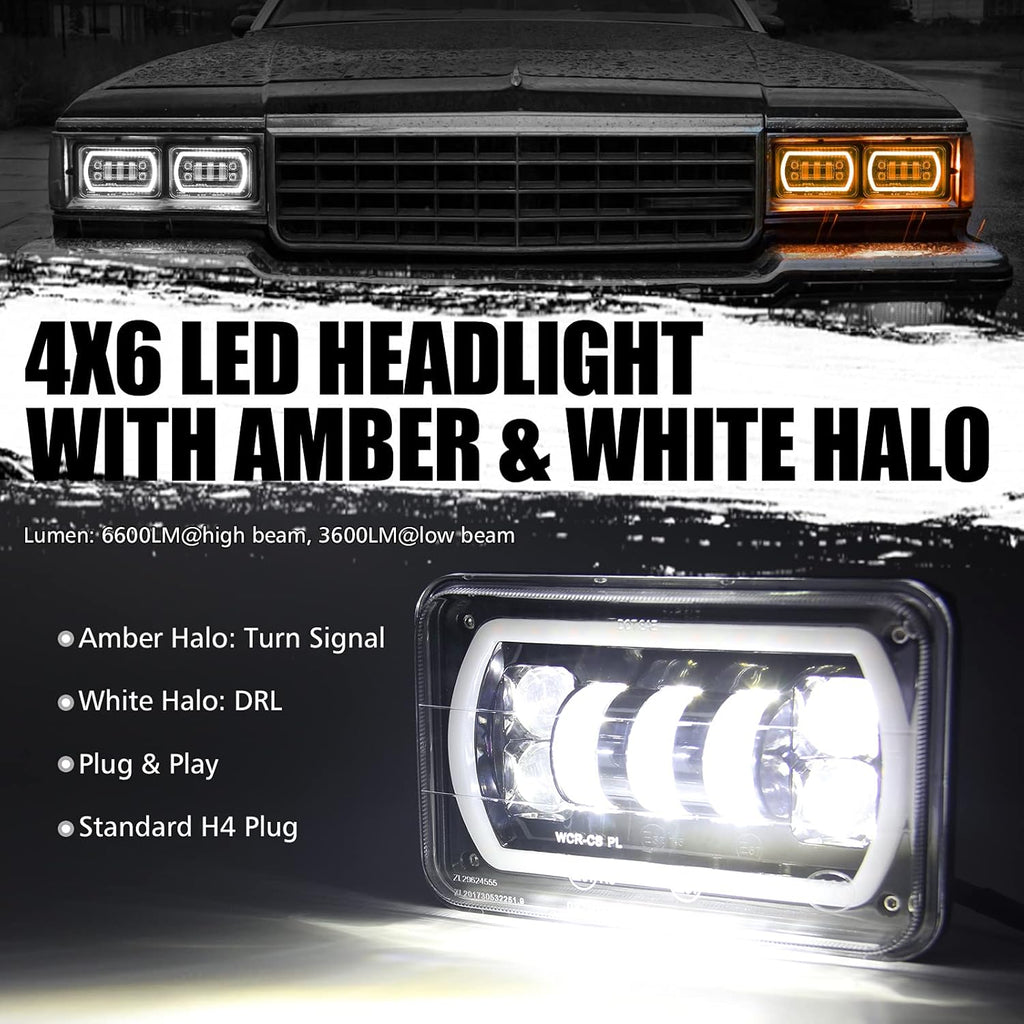 4x6 LED Headlight Halo with White DRL Amber Turn Signal Lights, Pack of 2 F560
