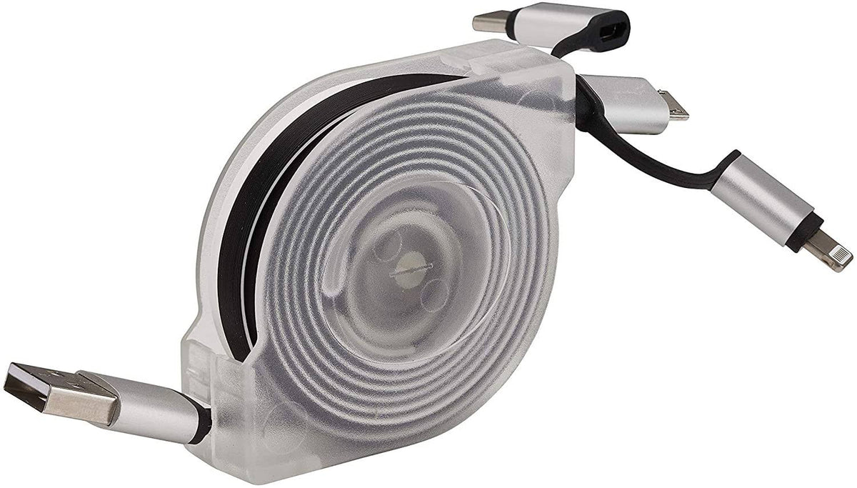 White 3 in 1 Multi Charger Universal USB Cable Reel Length 2 M S539