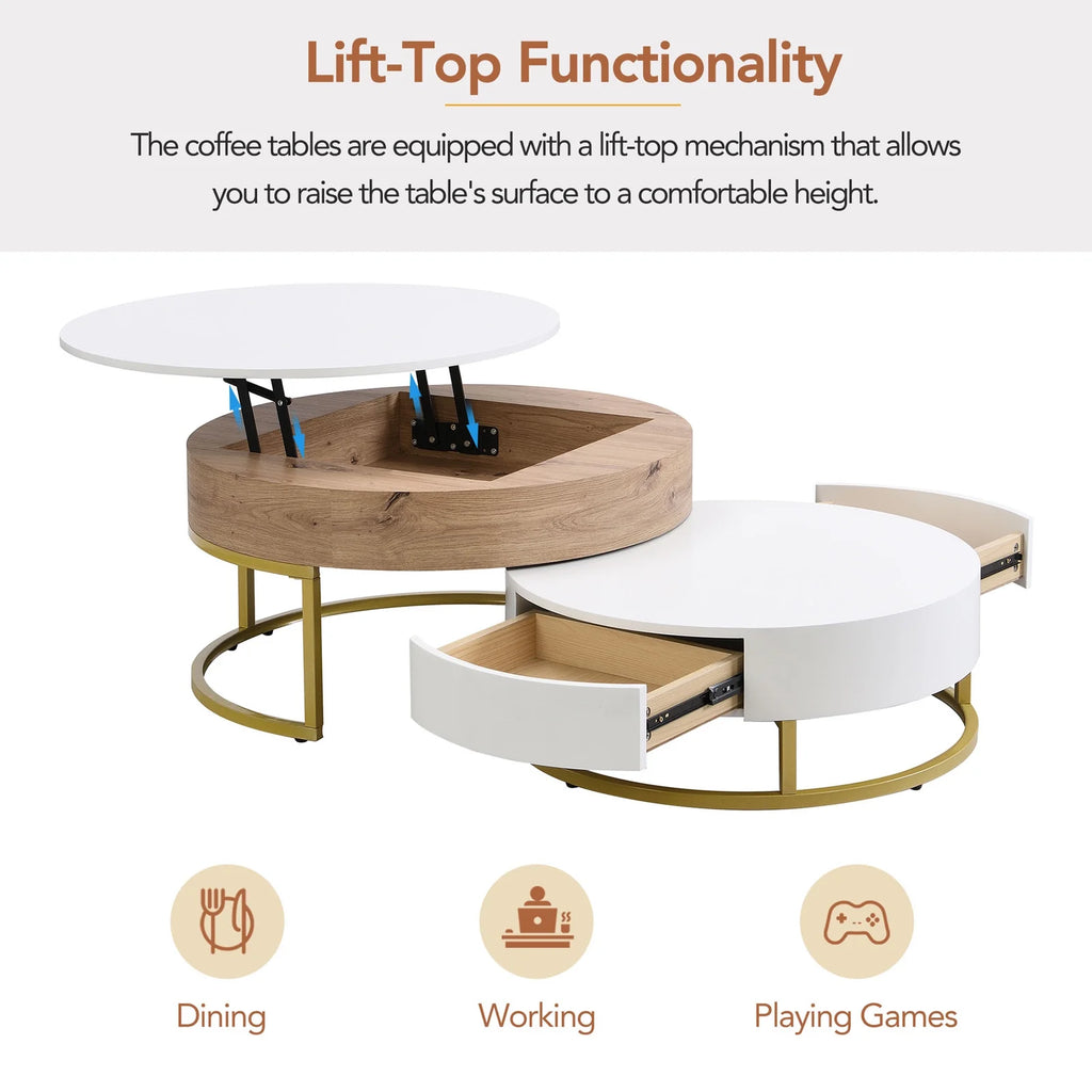 Round Lift-top Nesting Coffee Tables with 2 Drawers S826881