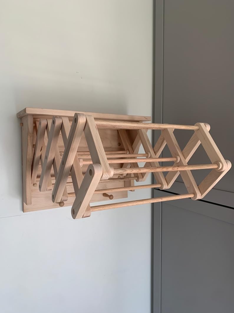 21” x 16” Collapsable Wooden Wall Mounted Drying Rack with Peg Hooks G846
