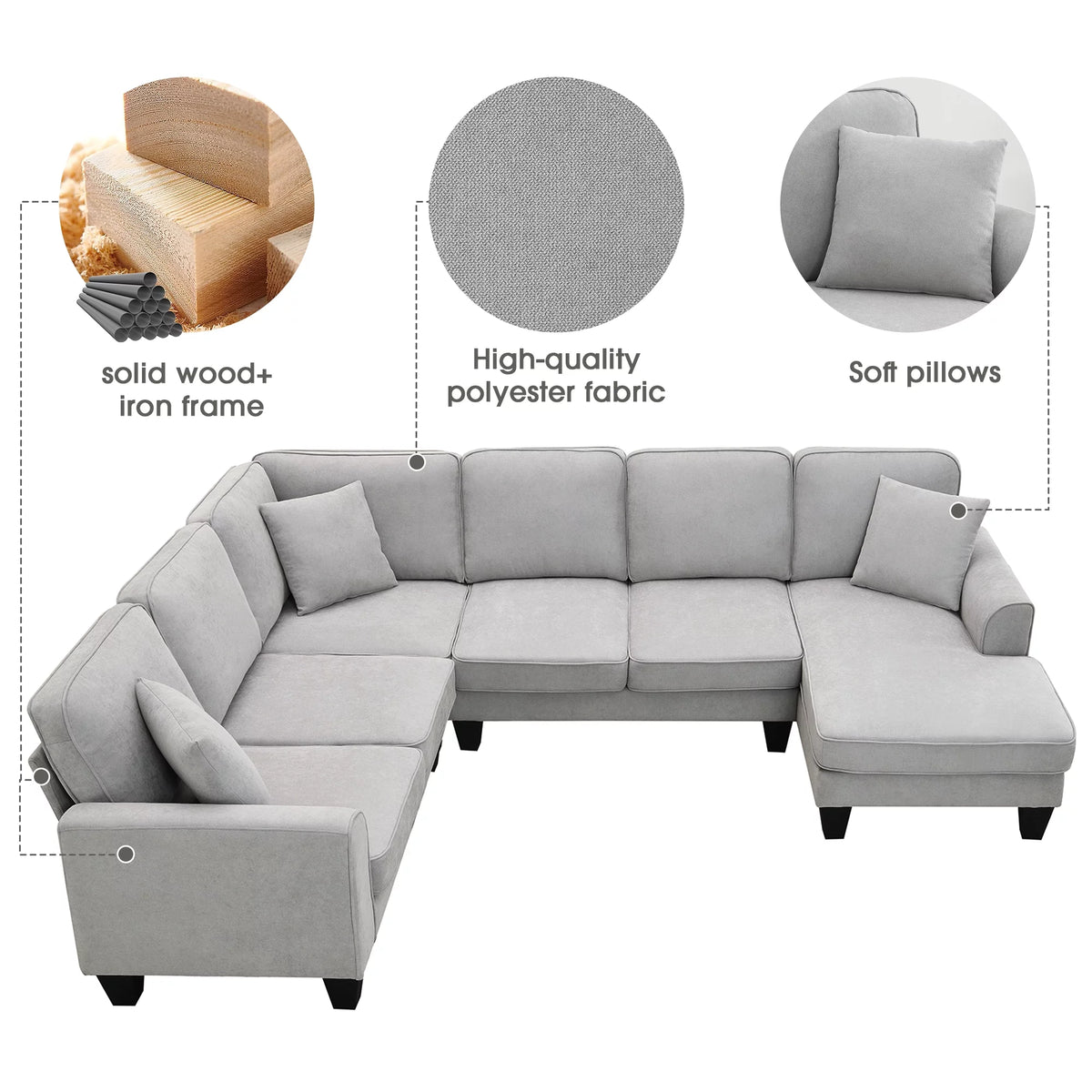 7 Seat Fabric U Shape Sectional Sofa with 3 Pillows Y42782