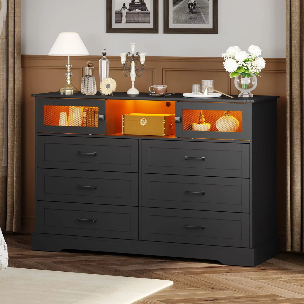 Black 6 Drawer Wood Dresser with 2 Sliding Doors U79508