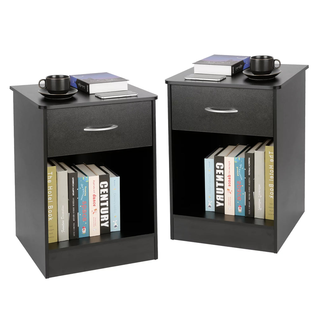 Black 2pcs Wood Nightstand with Drawer T525