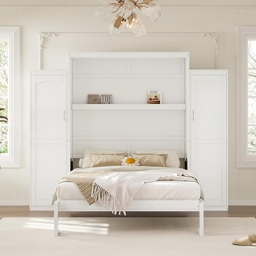 Queen Size White Murphy Bed with Wardrobe and Storage Shelf E909809
