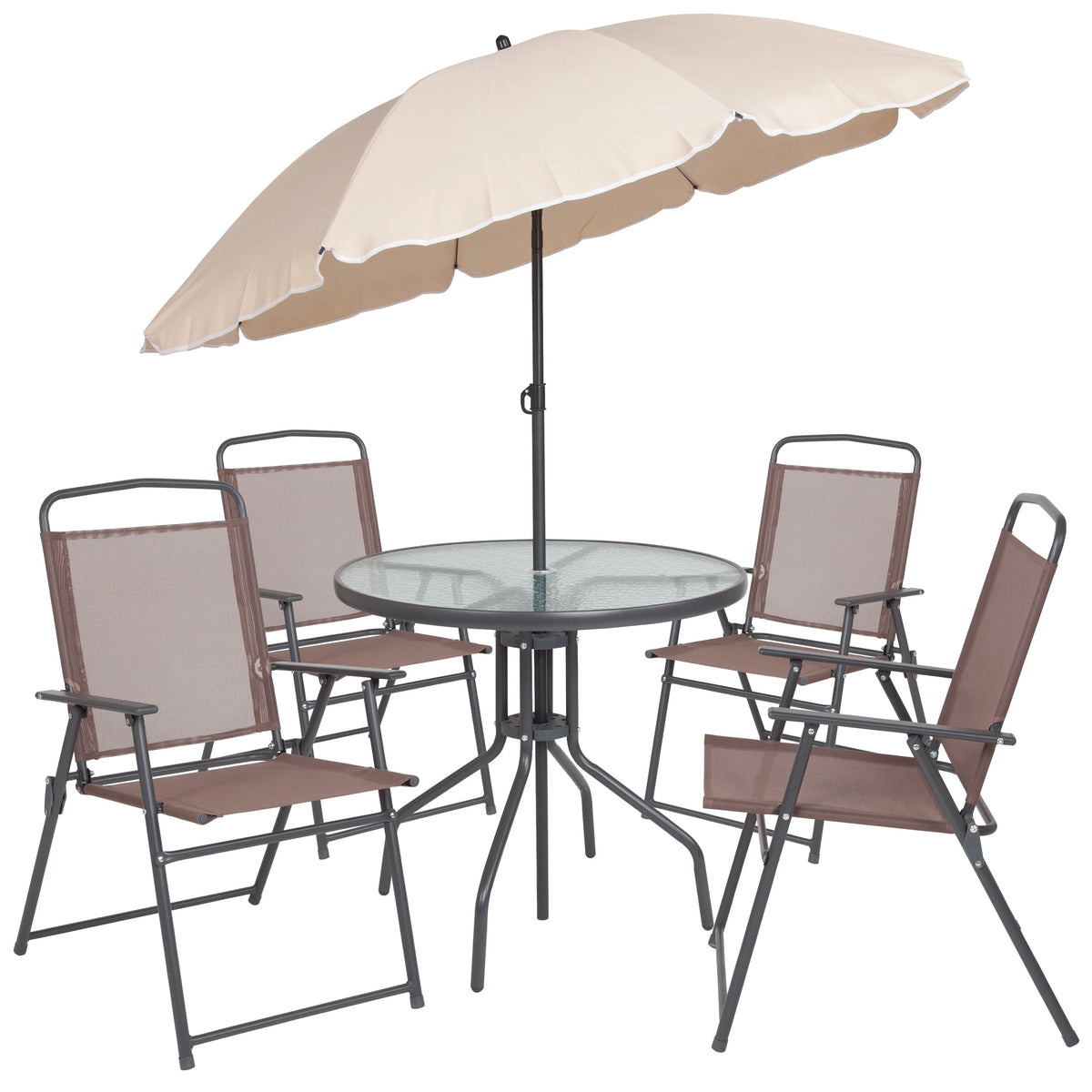 6-Piece Patio Set with Glass Table, Umbrella, and 4 Folding Chairs, Black W5178