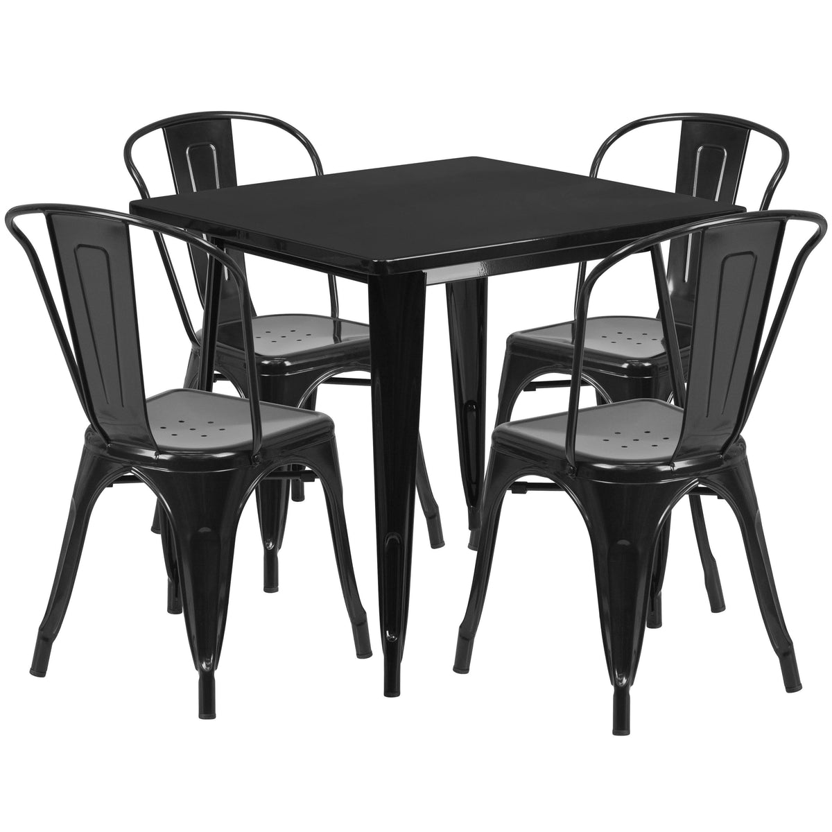 31.5'' Square Metal Indoor-Outdoor Table Set with 4 Stack Chairs Black U164