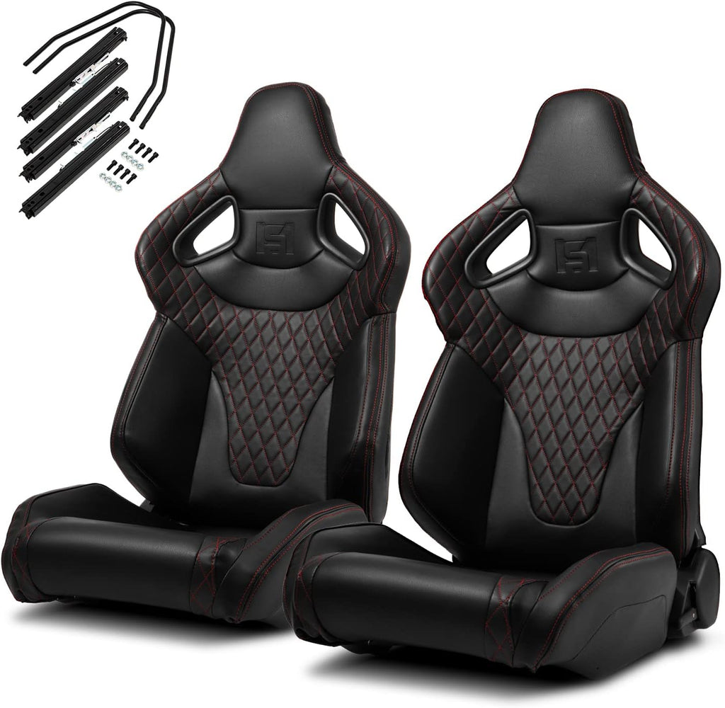 1 Pair Universal Black Carbon Fiber Leather PVC Racing Seats with Slider Y537987