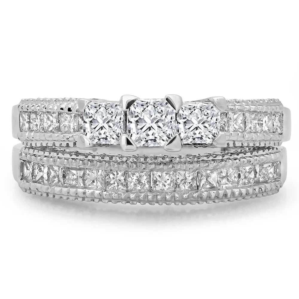 10K White Gold Diamond Bridal 3 Stone Engagement Ring With Matching Band N211408