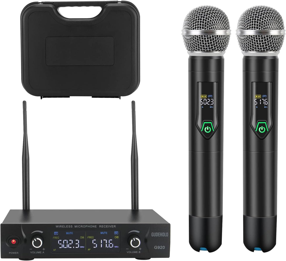 Wireless Microphone System, Metal UHF Dual Handheld 20 Channels Cordless Mic System M746