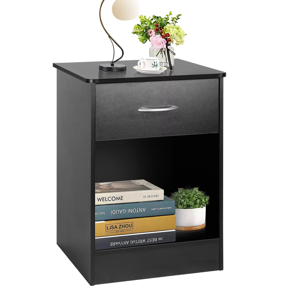 Black 2pcs Wood Nightstand with Drawer T525