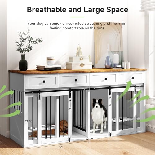 White Steel Frame Wooden Dog Crate Furniture with Double Doors G4805