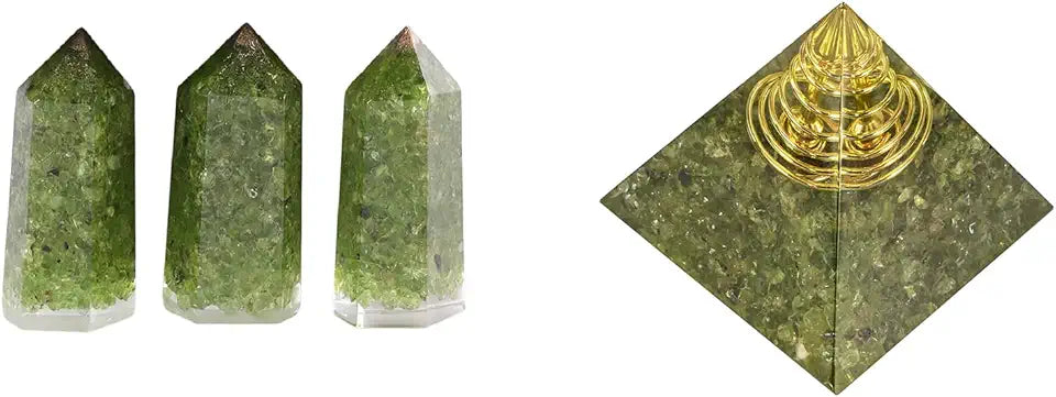 Set of 3 Peridot Healing Crystal Wands & Peridot Crystal Orgone Pyramid U133369