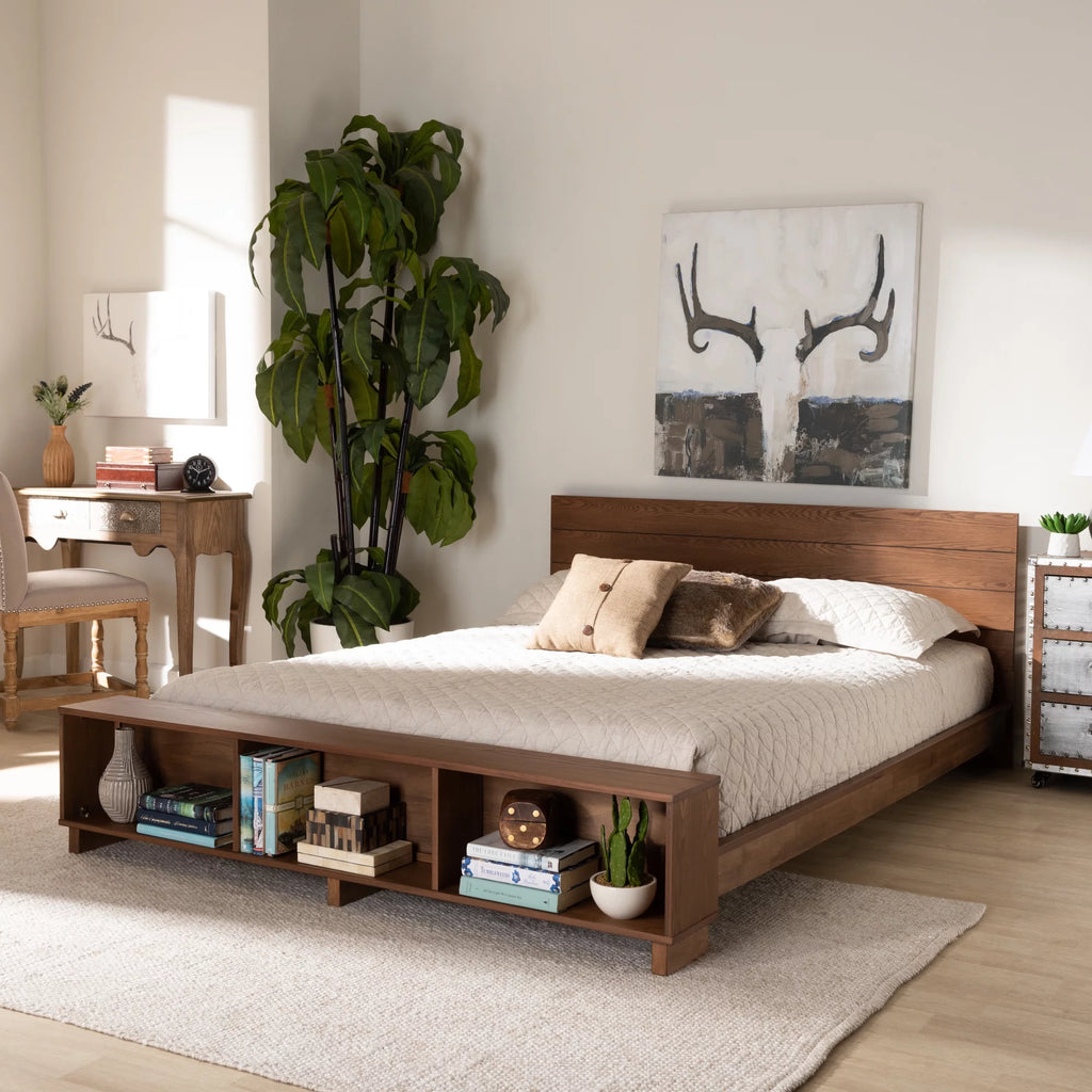 Ash Walnut Brown Wood Full Size Platform Storage Bed with Built-In Shelves W794