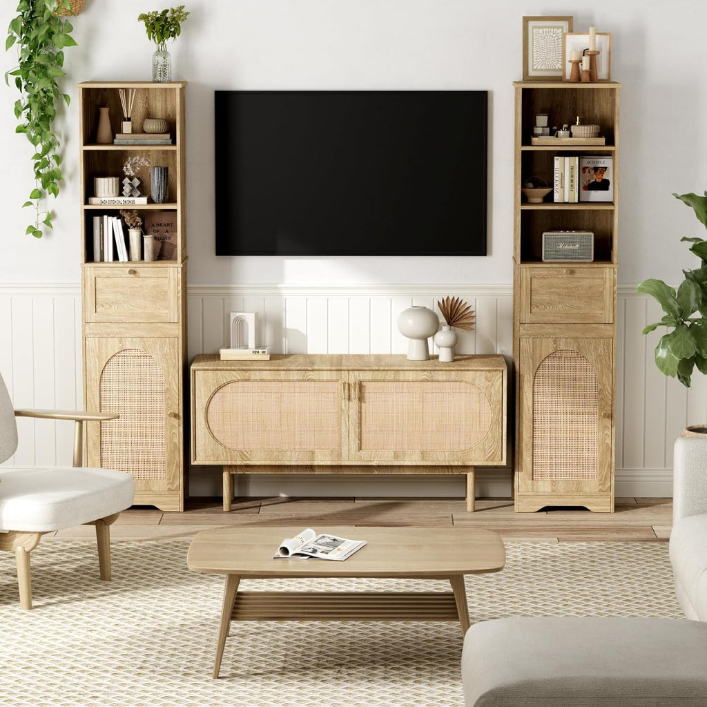 Natural Linen Tall Narrow Bathroom Storage Cabinet with Rattan Doors and Drawer W72272