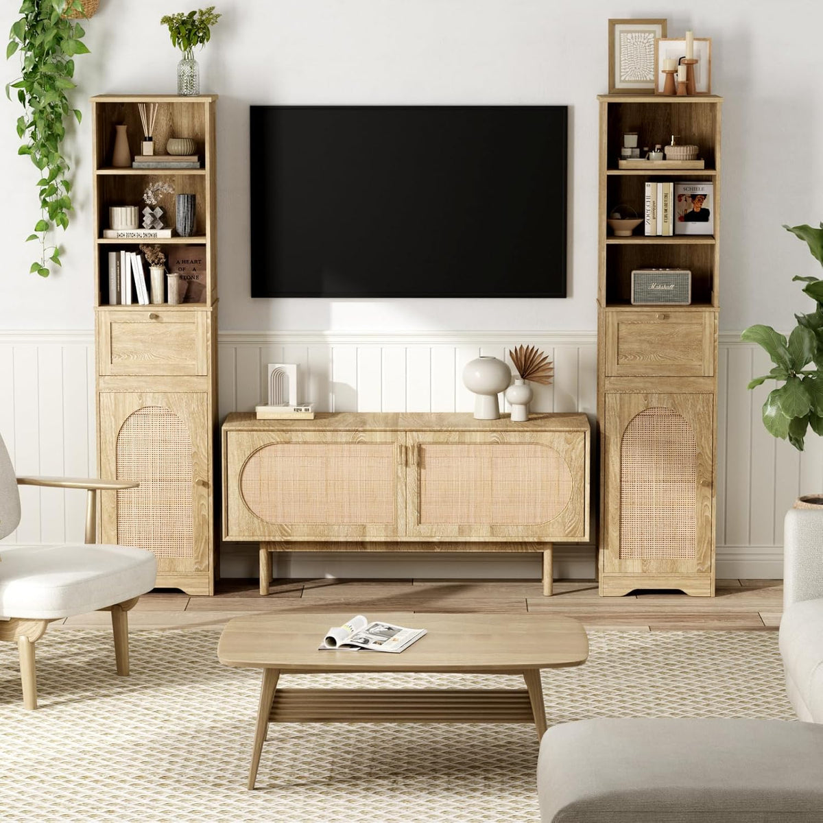 Natural Linen Tall Narrow Bathroom Storage Cabinet with Rattan Doors and Drawer W72272
