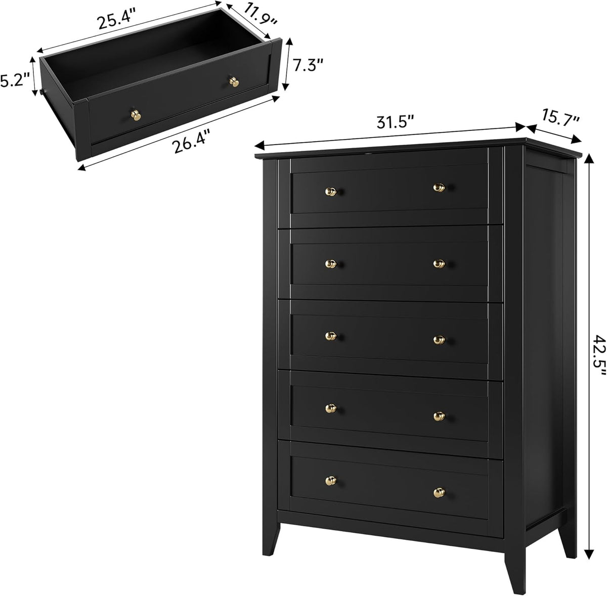 Black 5 Drawer Wood Dresser O5626