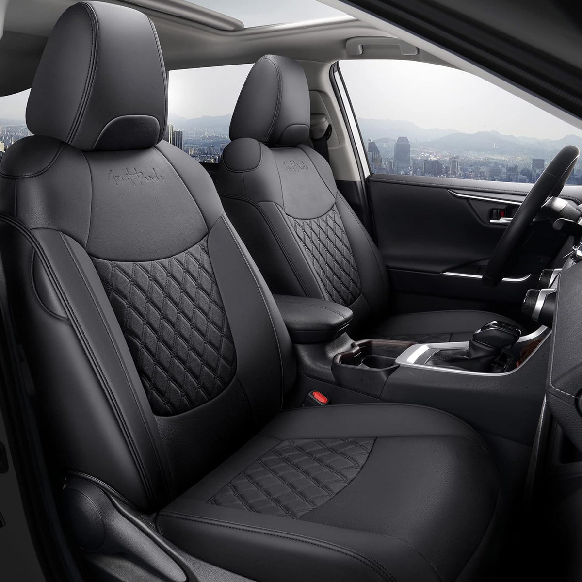 Pu Leather Car Seat Covers Full Set for Toyota RAV4 Hybrid 2019 2020 2021 2022 (Black) M8731