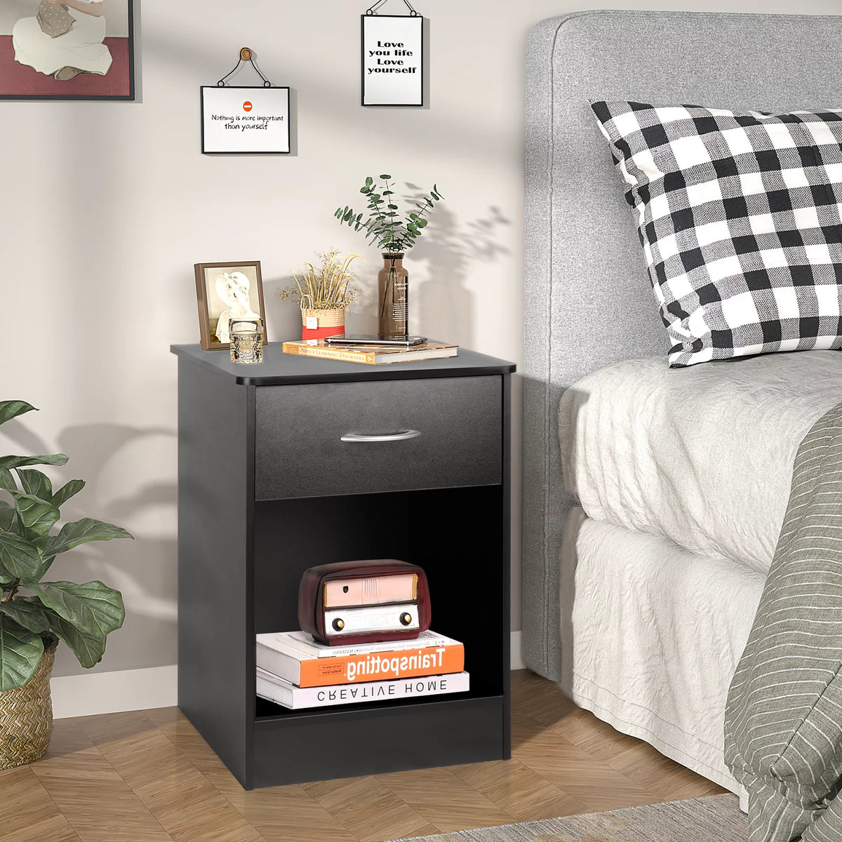 Black 2pcs Wood Nightstand with Drawer T525