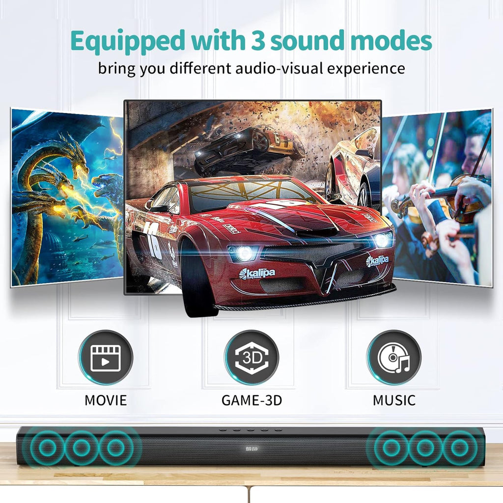 32-Inch Sound Bar with HDMI/Opti/COA/USB/AUX, 5.0 Bluetooth, 3 Modes, Wall Mountable K12119