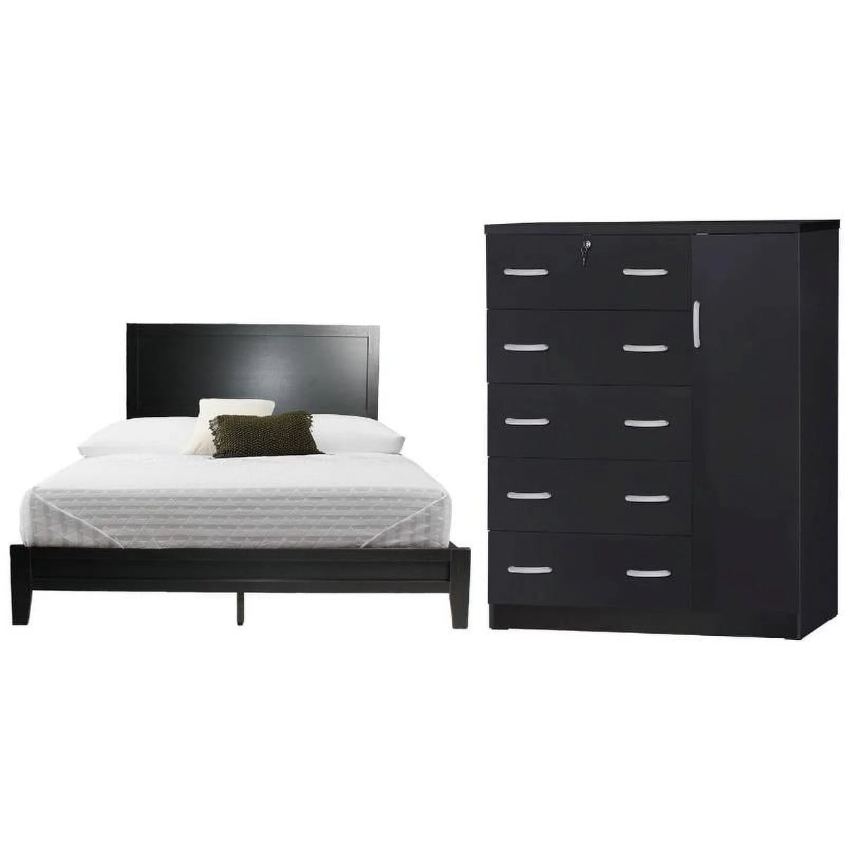 Queen Platform Bed and 5-Drawer Tall Chest Wardrobe N55628