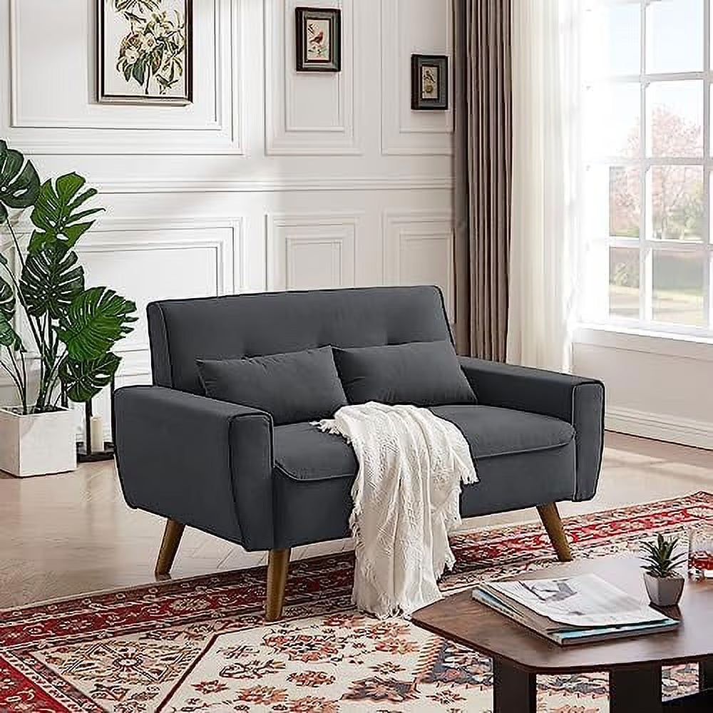 48" Linen Loveseat Sofa with 2 Throw Pillows and Wooden Legs C72136